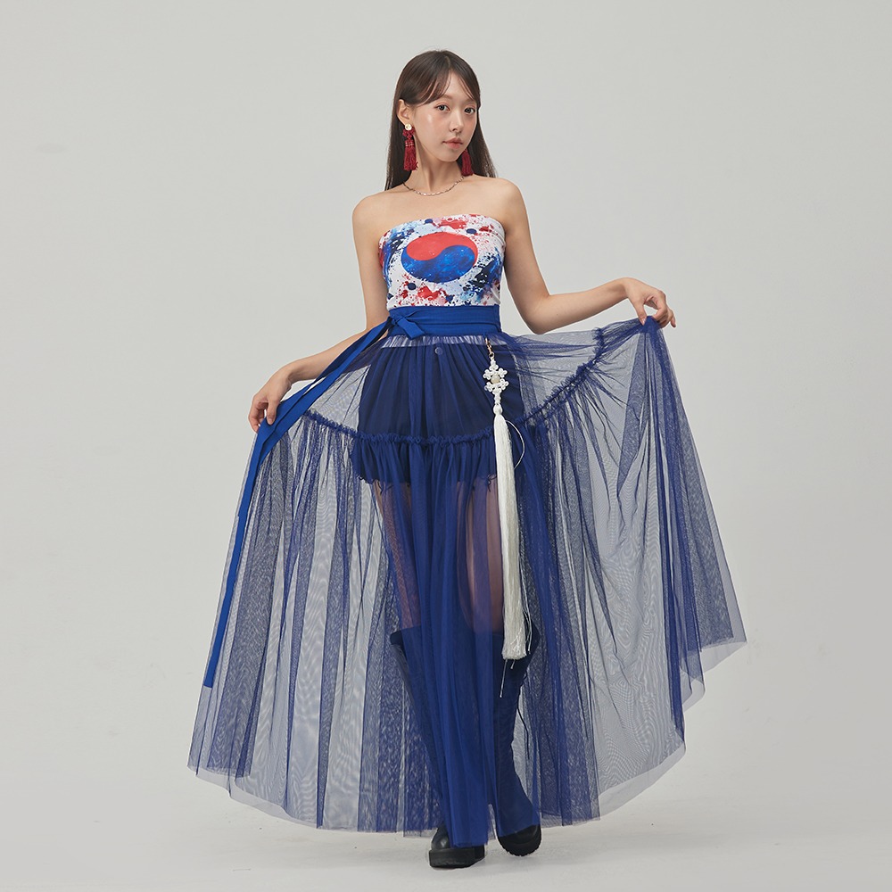See-through Tiered Sha Waist Skirt [Blue]